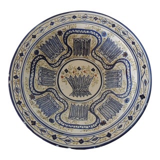 Vintage Round Hand Painted Blue and White Spanish Decorative Bowl For Sale