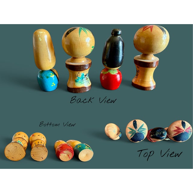 Tan Vintage Japanese Kokeshi Dolls-Set of 4-Miniature Hand Painted Wood-Japan- MCM For Sale - Image 8 of 11