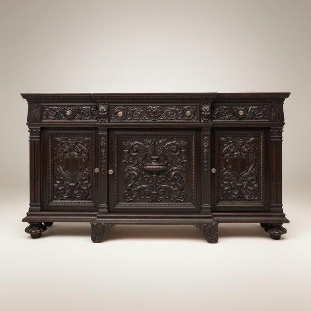 Ebony Victorian French Renaissance Ebonized Oak Buffet Cabinet Credenza Sideboard For Sale - Image 8 of 8