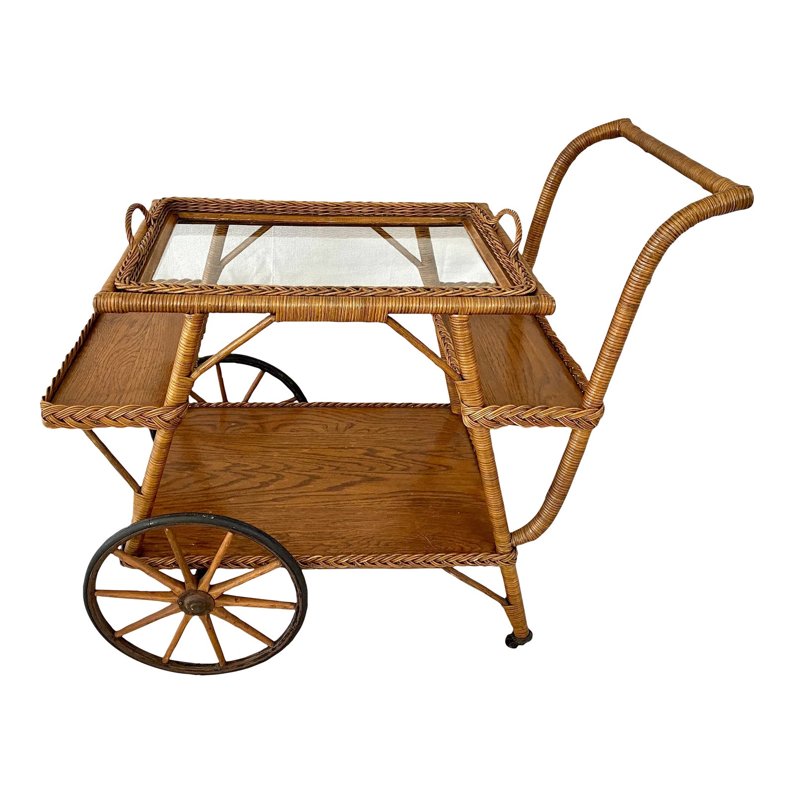 1910 Heywood Wakefield Wicker Bar/Tea Cart W/Removable Tray | Chairish