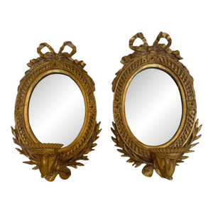 Giltwood Carvers Guild Oval & Mirrored Wall Candle Sconces-a Pair