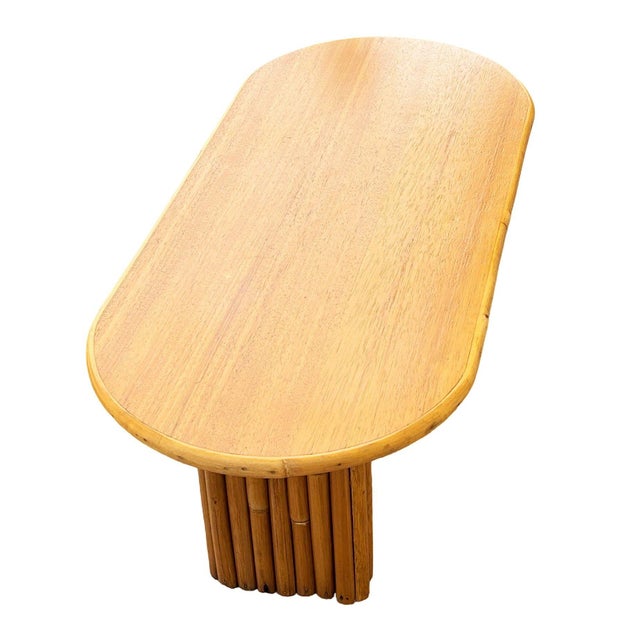 Wood 1940s Restored Rattan & Koa Wood Oval Surfboard Coffee Table W/ Stacked Rattan Legs For Sale - Image 7 of 8