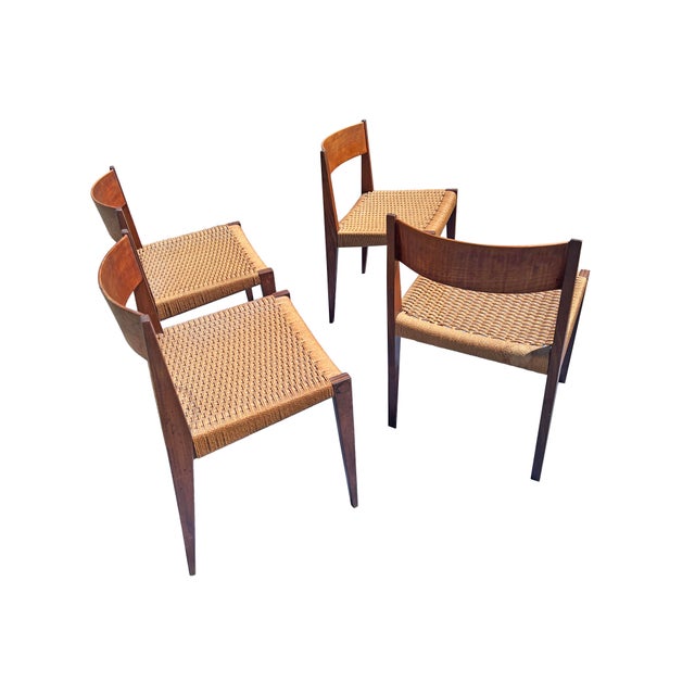 Mid-Century Modern Vintage Mid Century Modern Teak Danish Dinging Chairs With Rattan Paper Cord Rope Seating Set of 4 For Sale - Image 3 of 9