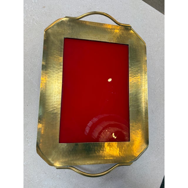 Paint Italian Hammered Brass and Red Lacquer Serving Tray, Mid-Century For Sale - Image 7 of 7