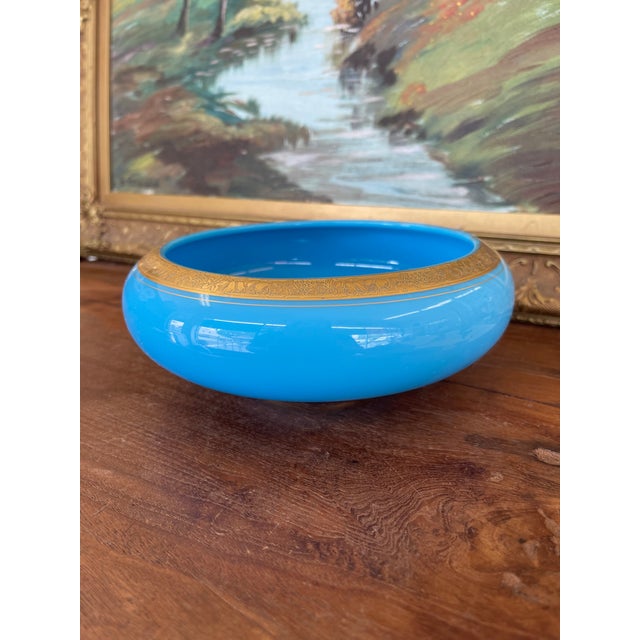 French Mid 19th Century French Blue Opaline Glass Bowl With Intricate Gilded Fruit and Vine Border For Sale - Image 3 of 9