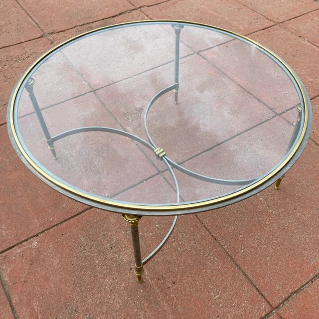 Maison Charles et Fils Manner of Maison Charles French Directoire Coffee Table Having Brass Mounts & Glass Inset Top For Sale - Image 4 of 13