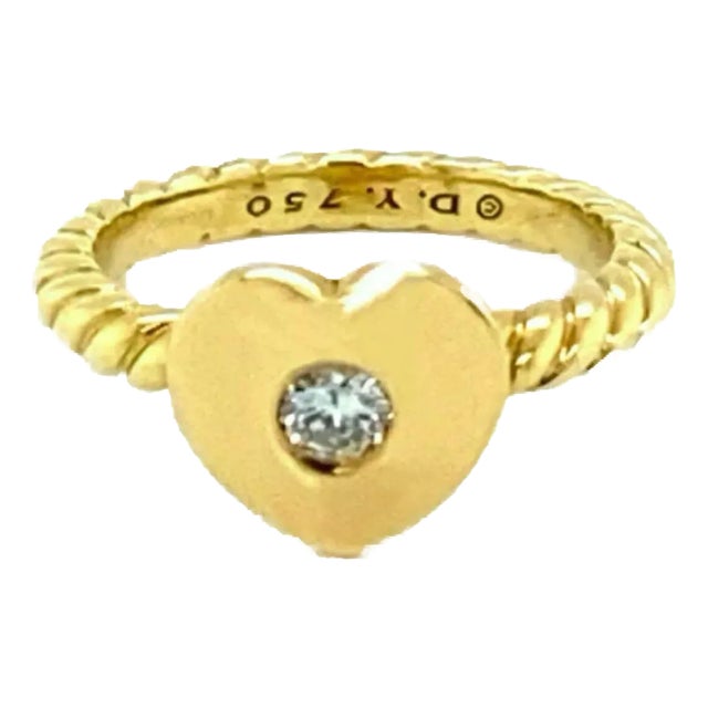 David Yurman Diamond 18k Yellow Gold Heart Cable Ring, Size 6.5 For Sale