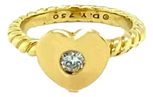 David Yurman Diamond 18k Yellow Gold Heart Cable Ring, Size 6.5
