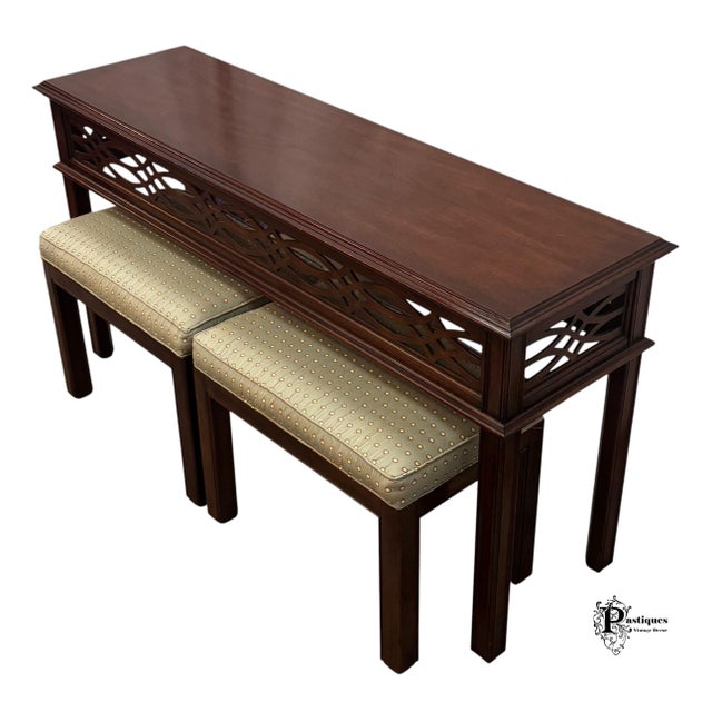 Late 20th Century Vintage Henkel Harris Virginia Galleries Collection Chippendale Style Mahogany Console Table & Pair of Upholstered Stools For Sale - Image 5 of 12