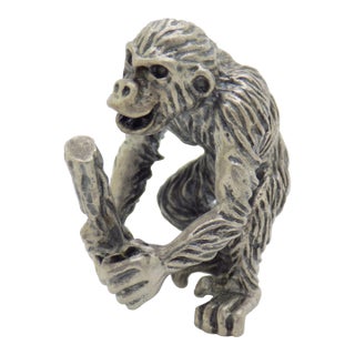 Vintage Italian Handmade Genuine Silver Chimpazee Monkey With Wooden Log Figurine For Sale