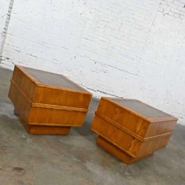 Modern Modern Oak With Cane & Glass Insert Top & Pedestal Base Pair of End Tables or Nightstands For Sale - Image 3 of 13