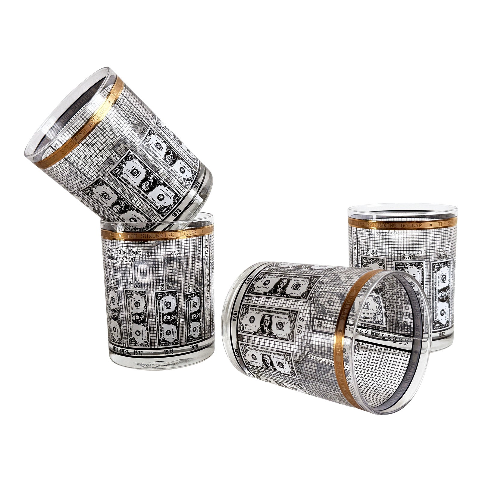 Vintage 1970s Financial 'Shrinking Dollar' Whiskey Glasses With Gold Rim - Set of 4