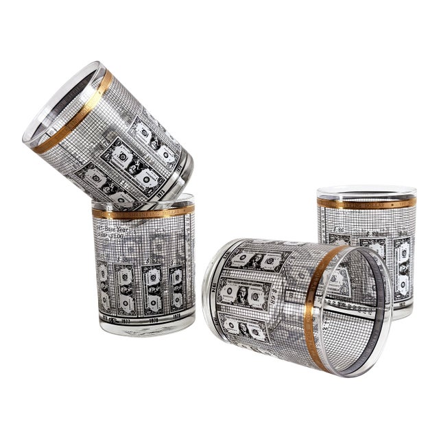 Vintage 1970s Financial 'Shrinking Dollar' Whiskey Glasses With Gold Rim - Set of 4 For Sale