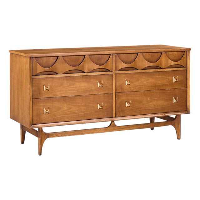 Broyhill Brasilia Mid Century Walnut and Brass 6 Drawer Dresser For Sale