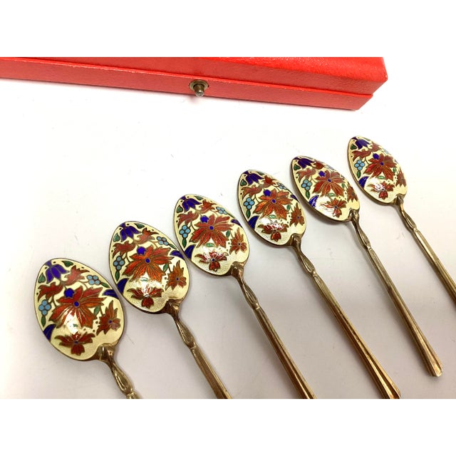 1930s 1930s Set of 6 Enamel and Sterling Silver English Demitasse Spoons in Fitted Box For Sale - Image 5 of 8