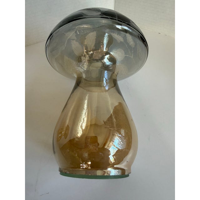 Vintage Etched Art Glass Mushroom Light Smoky Gray and Amber Decorative Glass Sculpture For Sale - Image 9 of 12