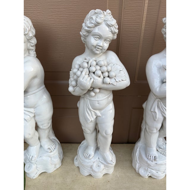 Ceramic Mid 20th Century Neoclassical Italian White Porcelain Allegorical Cherub or Putti Statues of the Four Seasons, Set of 4 For Sale - Image 7 of 18