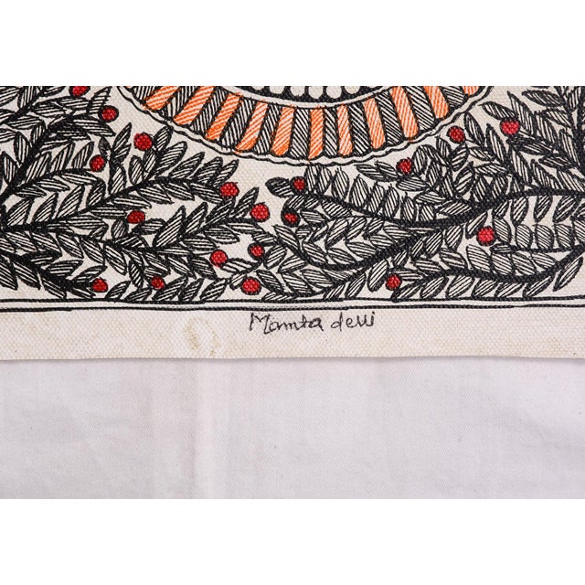 Folk Art Mamta Devi, 2016 National Award-Winning Artist – Hand-Painted Madhubani Folk Painting on Canvas With Fish, Lotus & Intricate Botanical Motifs For Sale - Image 3 of 4