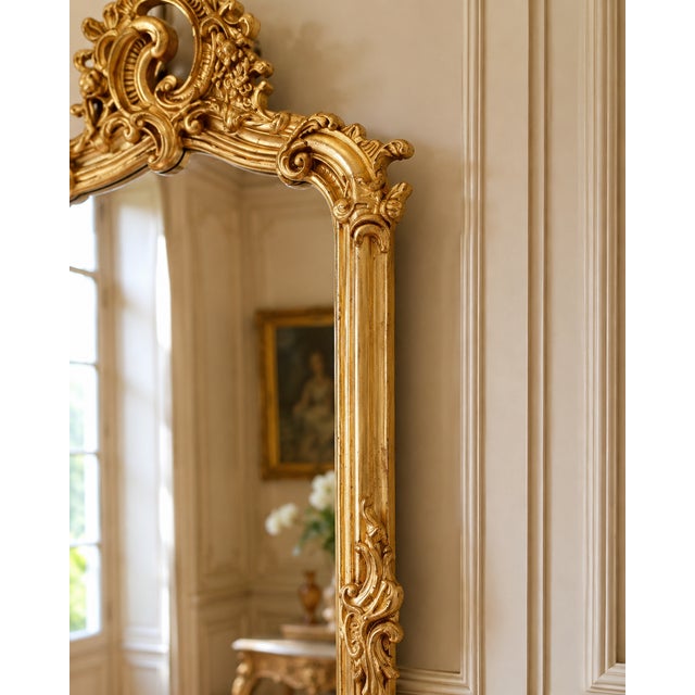 1970s French Rococo Gold Wood Floor Mirror For Sale - Image 9 of 13