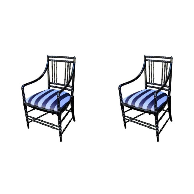1950s Antique Faux Bamboo Armchairs in Black Lacquer and Striped Velvet Upholstery - Set of 2 For Sale - Image 12 of 13