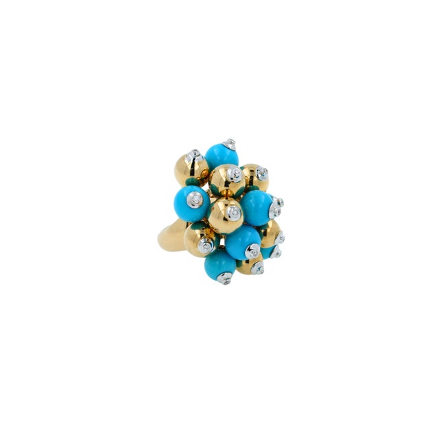 Blue Turquoise Diamonds Golden Spheres Balls Christmas Bells Motif 18K Gold Ring Size 7 21 Grams 18K Yellow Gold Turquoise...