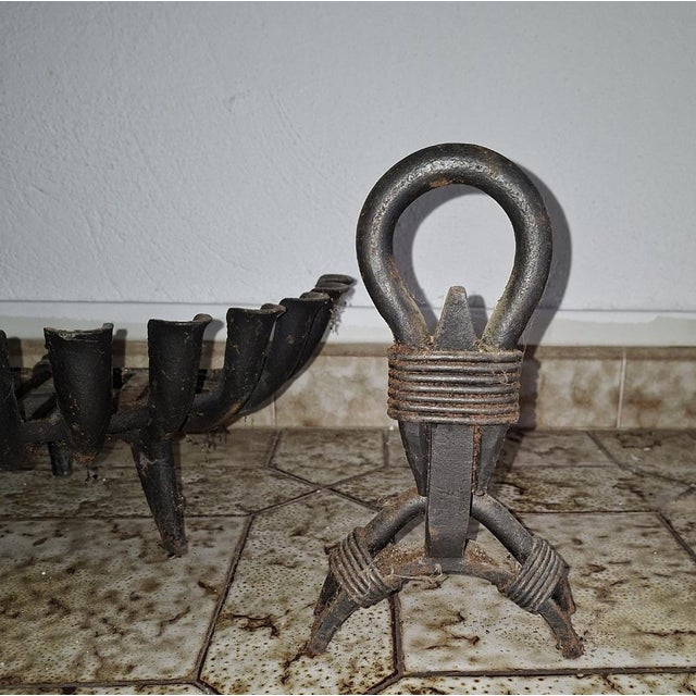 Wrought Iron Fireplace Andirons and Log Basket, Early 20th Century, Set of 3, in Good conditions. Designed 1890 to 1919