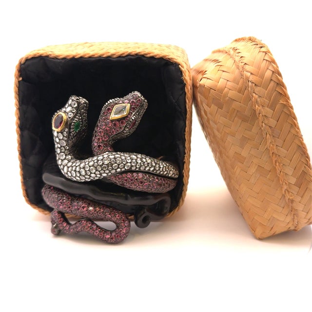 Pink Tourmaline Diamond Silver-18k Gold-Wooden Snake Bracelet For Sale - Image 10 of 11