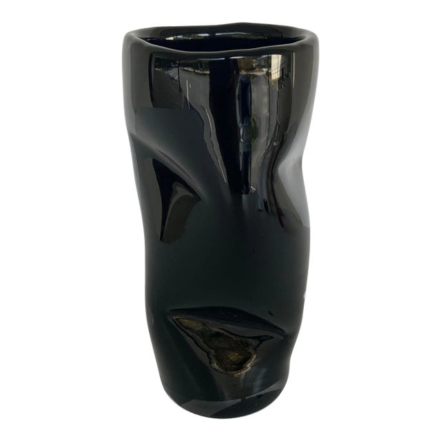 Theodore Alexander Black Crimped Art Glass Vase For Sale