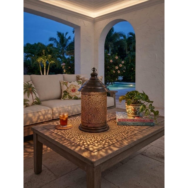 Vintage Moroccan-Style Pierced Brass Table Lantern Lamp For Sale - Image 9 of 12
