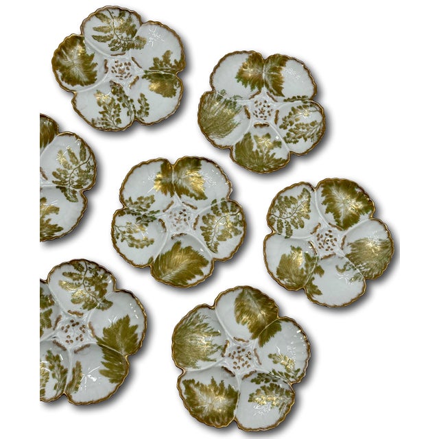 Beautiful & Fine Quality 22k Gold & Ferns Decorated Antique French Limoges Porcelain Oyster Plates Set of 7 For Sale - Image 12 of 18