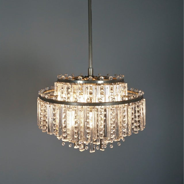 Silver Vintage Chandelier with Floodlight Prisms and Rhinestone Beads Nickel, 1960s For Sale - Image 8 of 13