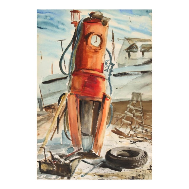 1950s "Gas Pump" Watercolor Painting by Eve Nethercott For Sale