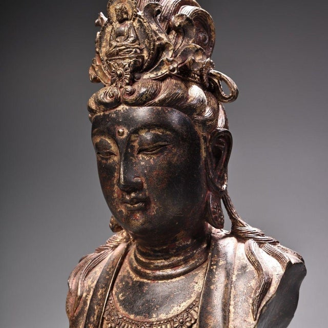 Vintage Chinese Gilded Bronze Guanyin Bodhisattva Bust, Partial Figure Sculpture For Sale - Image 10 of 10