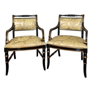 Vintage Regency Style Ebonized Chairs in Scalamandré Silk, a Pair For Sale