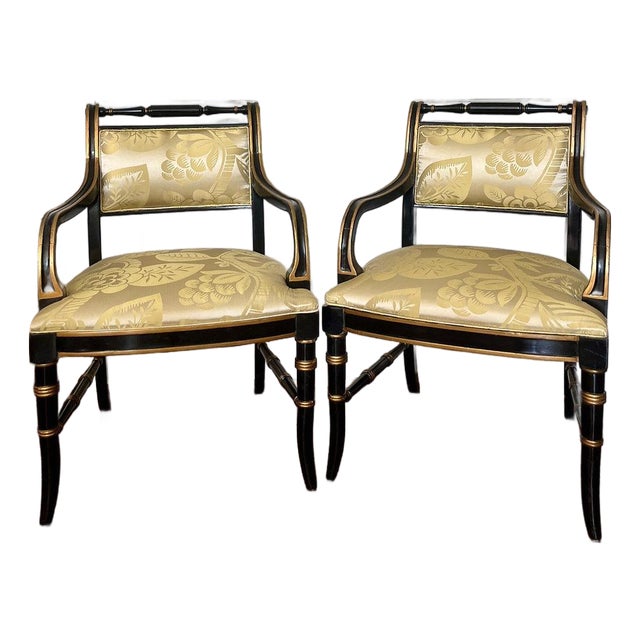 Vintage Regency Style Ebonized Chairs in Scalamandré Silk, a Pair For Sale