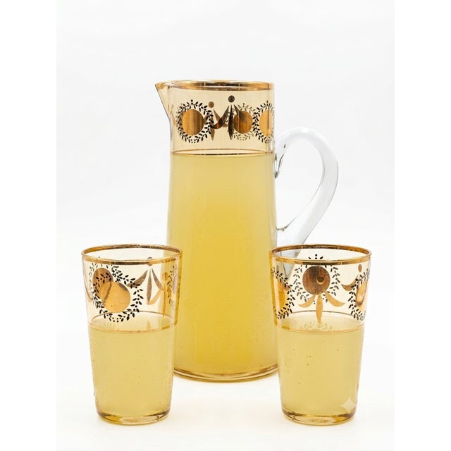 Mid-Century Yellow Glass Lemonade Set with Gilt Geometric Motif, 1950s, Set of 3 For Sale - Image 4 of 4