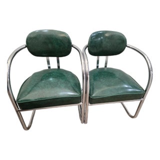 Mid 20th Century Art Deco Accent Chairs - Pair - Chrome and Green - Attributed to Kem Weber for Lloyd’s Manufacturing For Sale