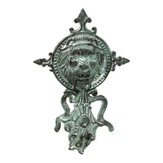 Lovely Antique Patinated Cast Iron Lion Door Knocker For Sale
