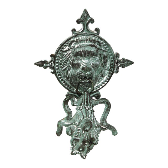 Lovely Antique Patinated Cast Iron Lion Door Knocker For Sale