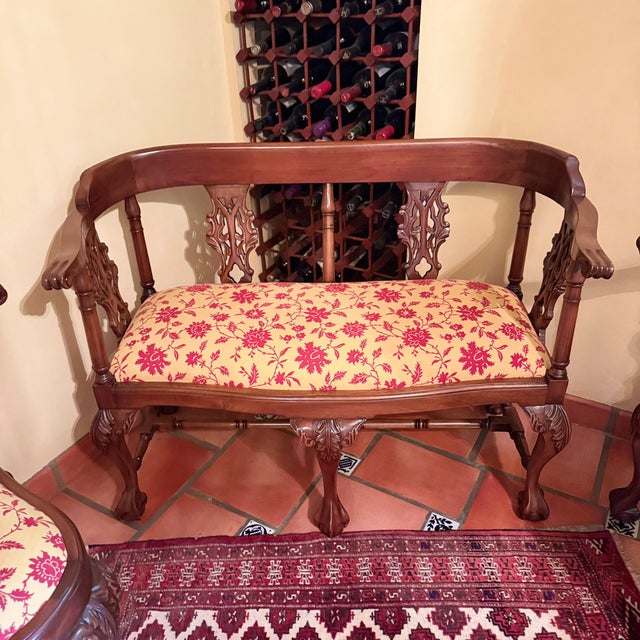 Brown Vintage Hand Carved Mahogany Chippendale Parlor Settee Chairs Set For Sale - Image 8 of 9