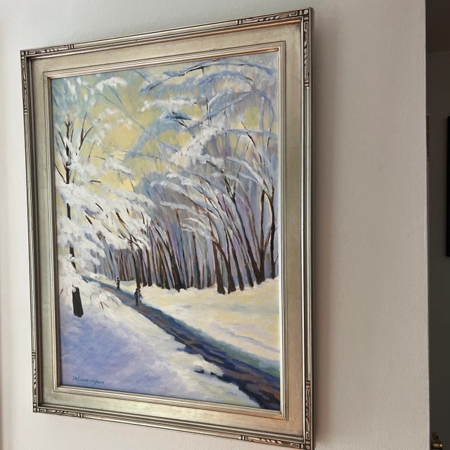 Brown Modern Oil on Canvas Signed Framed Winter Alley For Sale - Image 8 of 10