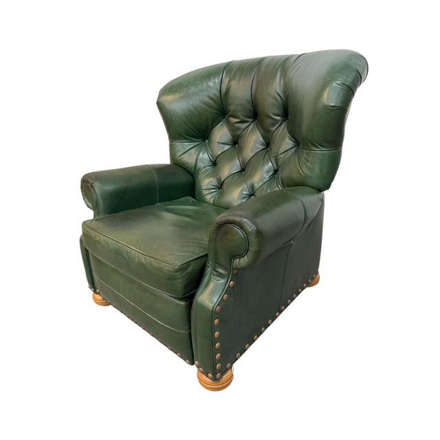 Ethan Allen Vintage Ethan Allen Forrest Green Leather Chesterfield Reclining Lounge Chair For Sale - Image 4 of 9