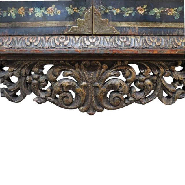 2-Piece Chinoiserie HND Painted & Carved Floral Cabinet C1910 For Sale - Image 11 of 18
