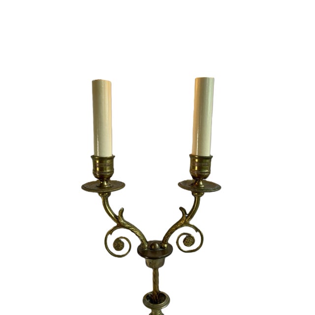 Elegant 18th century, marble and gilt bronze 2 light candelabra lamp. Circa 1780's. There are two specimen marbles and...