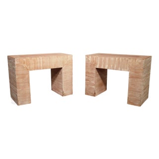 Vintage Pair Sarreid Stool Bench Table Stacked Striped Wood Made in Spain Minimalist Boho Chic Japandi For Sale