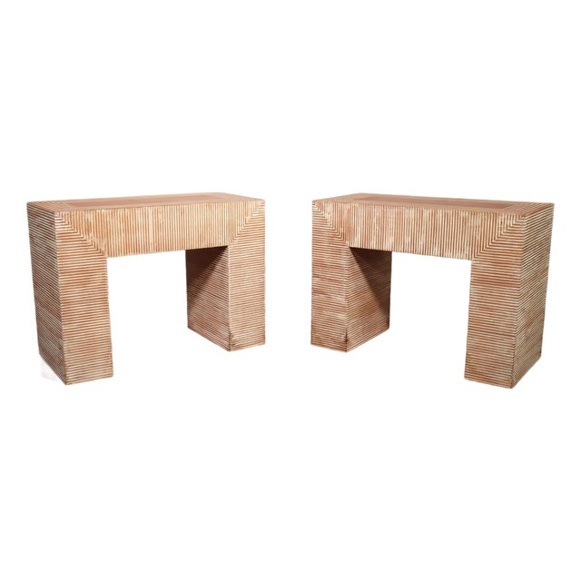 Vintage Pair Sarreid Stool Bench Table Stacked Striped Wood Made in Spain Minimalist Boho Chic Japandi For Sale