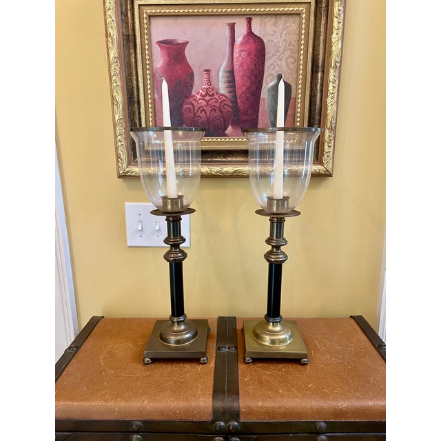 Metal Regency Style Brass Hurricane Lamps, Neoclassical Candlesticks With Glass Shades For Sale - Image 7 of 10