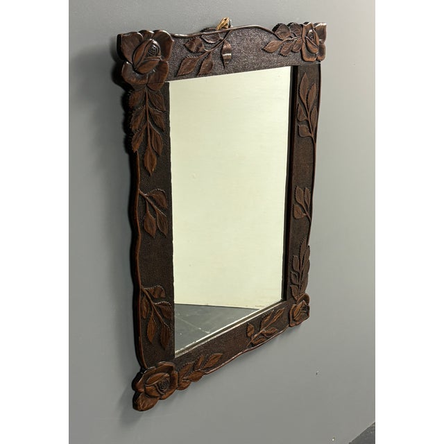 Wood Antique Hand-Carved Wall Mirror with Floral Roses, 1890s For Sale - Image 7 of 17