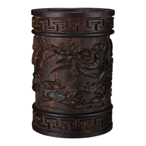 Hand-Carved Agarwood Brush Pot With Mandarin Duck Water Motif