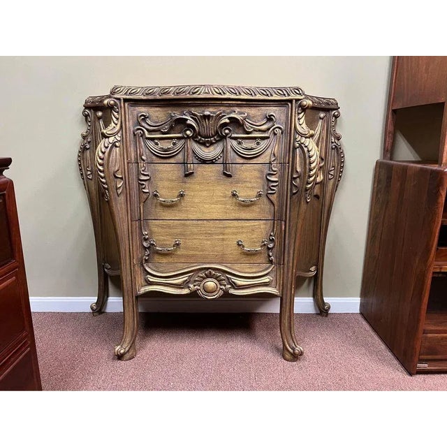 Wood Louis XV Style Gilt Painted Marble Inset Top Bombe Commode For Sale - Image 7 of 12